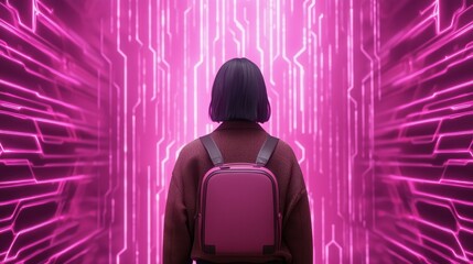 Poster - A person with a backpack stands facing glowing pink, futuristic digital lines, suggesting technology or virtual reality immersion.