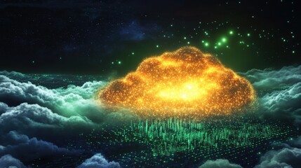 Poster - Golden data cloud over digital city in the sky with stars and clouds aerial view concept art