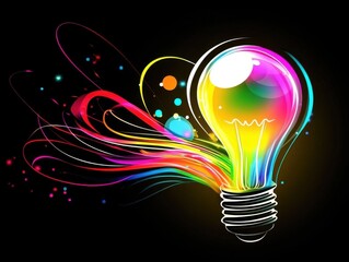 Poster - Colorful Light Bulb Radiating Energy on Black Background Digital Art Illustration Concept