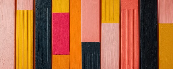 Aufkleber - Colorful abstract wooden blocks arranged vertically with textured surfaces in yellow, pink, red, and black tones.