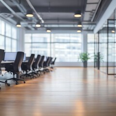 Poster - Modern Office Space Interior with Desks and Chairs in Row, Large Windows, Low Angle View, Business Location
