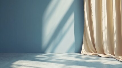 Poster - Minimalist Interior with Blue Wall and Beige Curtain Sunlight and Shadow Play in Studio Setting