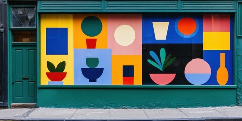 Poster - Colorful geometric mural featuring abstract shapes, plants, and vases decorates a storefront with a green exterior, creating a vibrant and modern street scene.