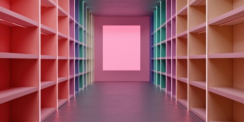 Poster - Colorful empty shelves line a hallway with a glowing pink square window at the end, creating a modern and vibrant atmosphere.