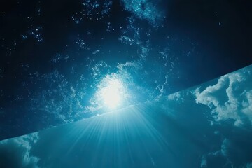 Poster - Abstract Low Angle Shot of Sunlight Rays Through Water Surface and Clouds in Blue Tones for Backgrounds and Textures