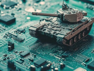 Poster - Tank miniature on circuit board close up conceptual shot of modern warfare and technology integration