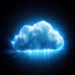 Fototapete - Cloud computing concept with glowing blue light and data streams on black background for technology and innovation