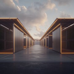 Poster - Data Center Corridor Perspective View with Server Racks and Orange Lighting at Sunset; Modern Technology Infrastructure for Cloud Computing and Big Data Storage
