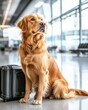 © Tam5 - Golden Retriever Dog Sitting Patiently Next to Suitcase in Airport Terminal Waiting for Flight Companion Animal