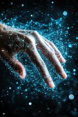 Fototapete - Human Hand Interacting with Digital Network Technology Abstract Futuristic Concept Close Up Vertical Shot