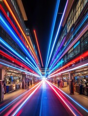 Poster - Futuristic factory floor with light streaks long exposure perspective view of industrial production and assembly line at night