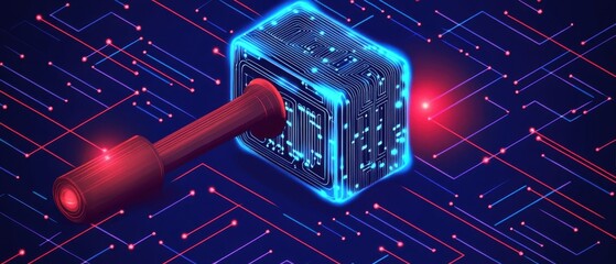 Poster - Digital Security Breach Concept Isometric View Cyber Attack with Hammer Hitting Glowing Circuit Board Cube on Network Background