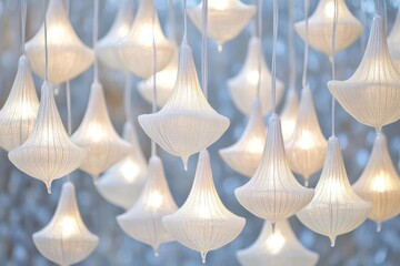 Poster - Elegant White Fabric Chandelier Lighting Fixtures Hanging from Ceiling in Modern Interior Design Close Up View