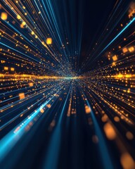 Fototapete - Abstract Data Stream Visualization with Blue and Orange Light Streaks Perspective View Concept of Technology and Digital Data Transfer