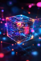 Fototapete - Futuristic Glowing Cube Floating Abstract Technology Concept Close Up Vertical Shot Artificial Intelligence Quantum Computing Data Visualization
