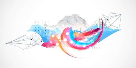 Aufkleber - Abstract artwork with colorful waves, polygonal shapes and wireframe mountain. Vector
