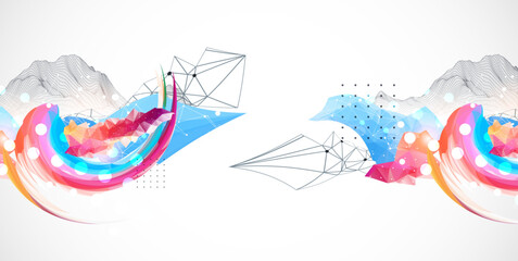 Aufkleber - Abstract artwork with colorful waves, polygonal shapes and wireframe mountain. Vector