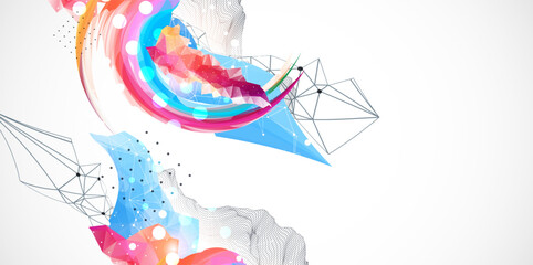 Aufkleber - Abstract artwork with colorful waves, polygonal shapes and wireframe mountain. Vector