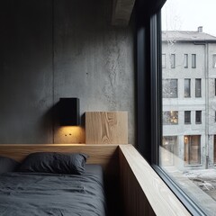 Poster - Minimalist bedroom interior with concrete wall and wooden accents looking out window at building exterior
