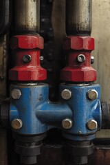 Poster - Industrial Valve System Close-Up Detail of Painted Pipes and Hex Bolts in Red and Blue Colors