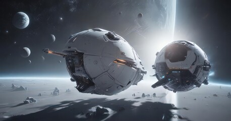 Wall Mural - futuristic vessel in white space near a radiant planet , satellite, ship, orbital path
