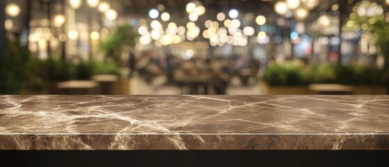 Poster - Marble Tabletop Display in Restaurant Interior with Bokeh Lights and Greenery for Product Mockup or Food Presentation