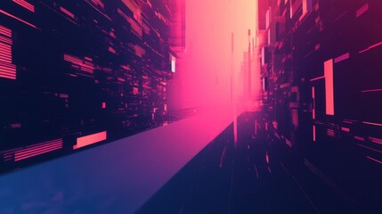 Fototapete - Abstract Digital Cityscape Perspective View with Glowing Pink Light and Dark Blue Gradient Background Futuristic Technology Concept