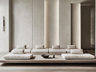 Poster - Minimalist interior design featuring floor seating with cushions and a bowl in a serene neutral color palette in studio