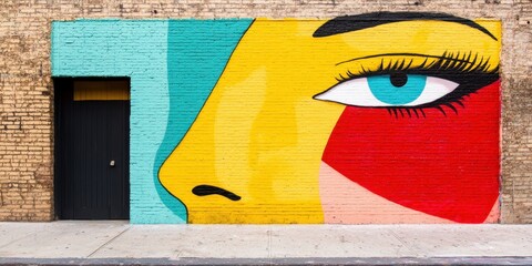 Poster - Bold, colorful mural of a woman's face with striking blue eye painted on a brick wall along a city sidewalk.