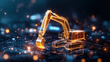 Poster - Golden glowing excavator illustrated with digital lines on dark surface shines with artificial ligence.