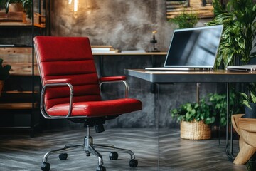 Poster - Red leather office chair in modern workspace setup with laptop and plants interior design