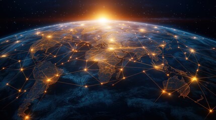 Poster - Glowing network connections illuminate Earth's surface, symbolizing global communication and interconnectedness.