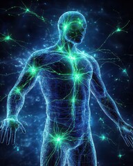 Poster - Human body neural network illustration glowing connections in blue and green on dark background anatomical science concept