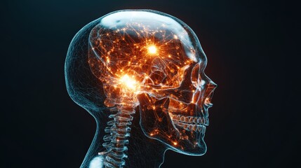 Poster - Human head with glowing nodes symbolizing neural connections and brain activity on a dark background.