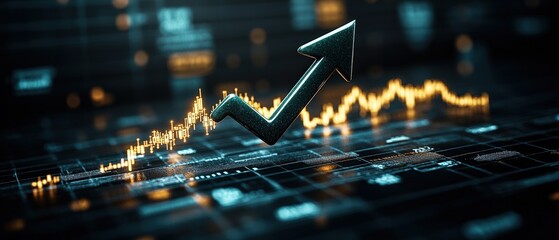 Poster - an upward pointing arrow symbolizes growth alongside financial market chart information display scre