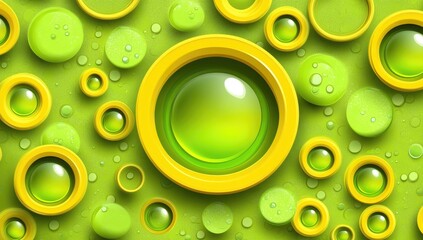 Poster - Vibrant green and yellow circles, glossy spheres, and droplets create a dynamic, textured pattern