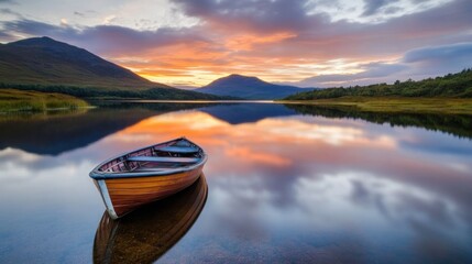 Aufkleber - Serene sunset over a tranquil loch, reflecting vibrant colors in the still water, with a small wooden rowboat gently resting on the calm surface. : Generative AI