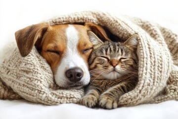 Poster - A jack russell terrier and tabby cat sleep peacefully together, nestled under a cozy beige knitted blanket.  The animals are curled up close, eyes closed, enjoying a quiet nap. : Generative AI