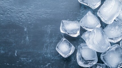 Poster - Closeup of ice cubes scattered on a dark blue textured surface, creating a refreshing and cool visual effect. Perfect for beverage, drink, or winter themes. : Generative AI