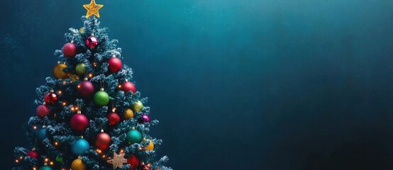 Poster - A snow-dusted Christmas tree adorned with colorful ornaments stands against a deep teal background, creating a festive and elegant holiday scene. : Generative AI