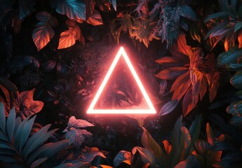 Poster - Glowing Neon Triangle Framed by Lush, Dark Tropical Foliage, Midjourney AI Art : Generative AI