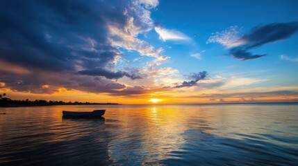 Aufkleber - Serene sunset over calm water, a single boat silhouetted against the vibrant colors of the sky, clouds reflecting in the tranquil ocean. : Generative AI