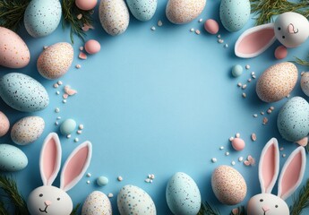 Poster - Pastel Easter eggs and bunny rabbits create a festive frame on a light blue background, perfect for spring holiday greetings or announcements. : Generative AI