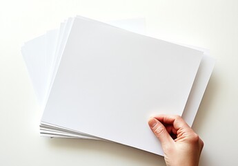 Aufkleber - A hand gently holds a stack of blank, crisp white paper sheets, ready for writing or printing, on a clean white surface. : Generative AI