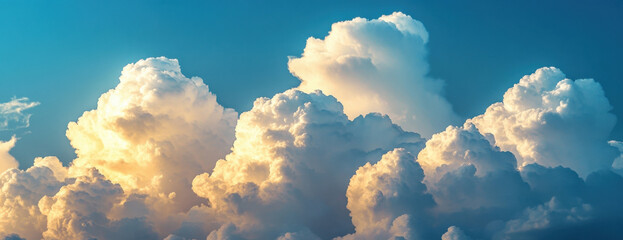 Aufkleber - Golden-hued cumulus clouds dominate a vibrant blue sky, creating a breathtaking panoramic view of nature's artistry. : Generative AI