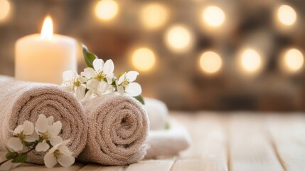 Aufkleber - Spa treatment concept: beige towels rolled up, delicate white blossoms, and a lit candle against a warm, bokeh background. : Generative AI