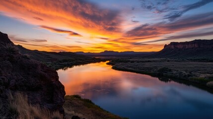 Poster - Serene sunrise over a calm river reflecting vibrant orange and blue hues, nestled within a tranquil landscape of rocky hills and lush vegetation. : Generative AI