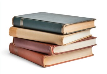 Poster - Stack of four antique books with aged leather and cloth covers, showcasing various colors and textures, isolated on white. : Generative AI