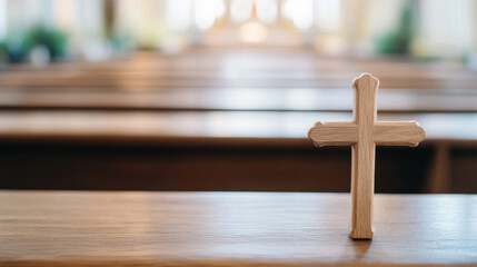 Aufkleber - Wooden cross rests on church pew, altar blurred in background, conveying peace and faith. : Generative AI