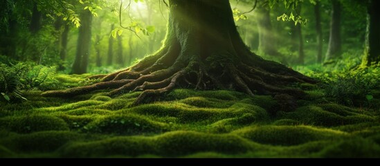 Fototapete - Ancient tree roots emerge from lush green moss, bathed in sunlight filtering through a dense forest canopy, creating a serene and mystical atmosphere. : Generative AI